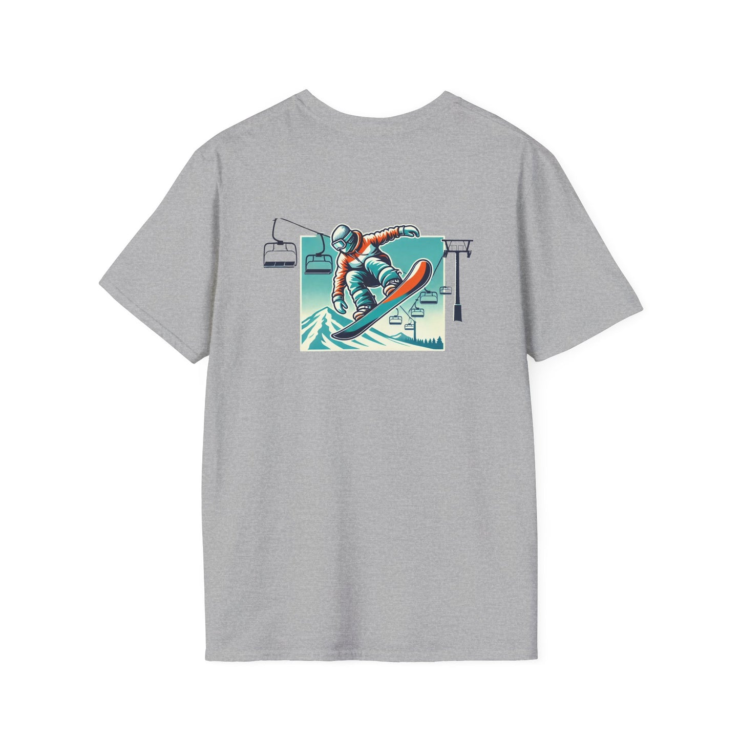 Snowboarder T-Shirt - Red and Blue Jacket with Ski Lift Background