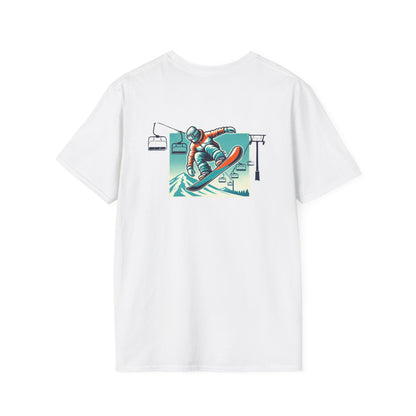 Snowboarder T-Shirt - Red and Blue Jacket with Ski Lift Background