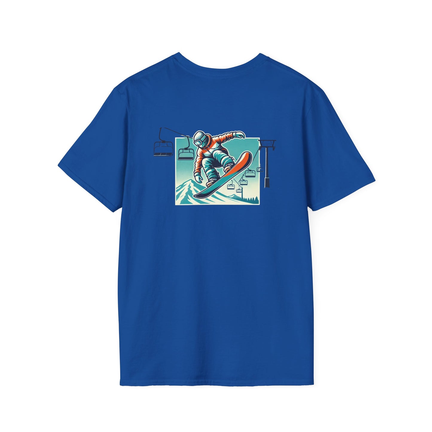 Snowboarder T-Shirt - Red and Blue Jacket with Ski Lift Background