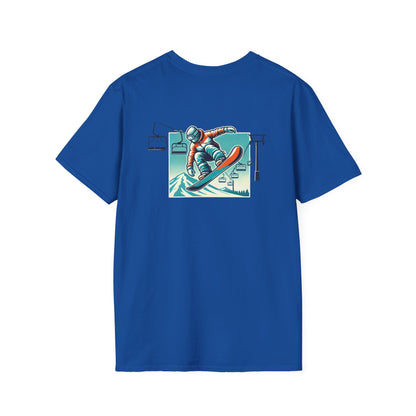 Snowboarder T-Shirt - Red and Blue Jacket with Ski Lift Background