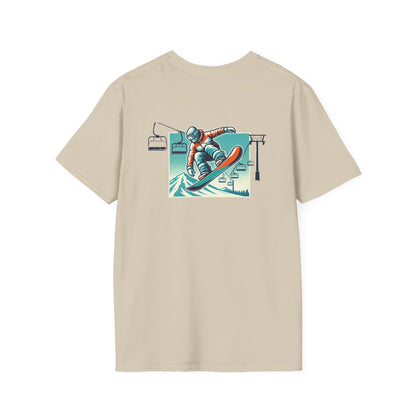 Snowboarder T-Shirt - Red and Blue Jacket with Ski Lift Background
